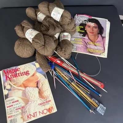 Pingouin 100% Wool Yarn, Knitting Needles & Vintage Vogue Knitting Magazines