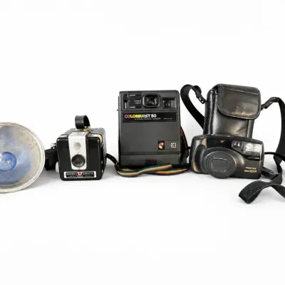 Kodak & Pentax Camera Lot - Brownie Hawkeye, Colorburst 50, Zoom 105-R & Flash