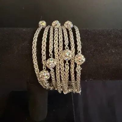 Sterling Silver 8-Strand Wheat Chain Bracelet with Rhinestone Beads & Marquise CZ Accents