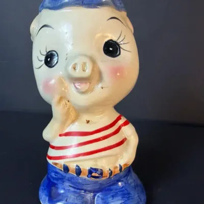 Vintage Ceramic Sailor Pig Coin Bank with Mystery Coins Inside  