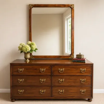 Vintage Asian-Inspired Walnut Dresser with Brass Hardware & Matching Mirror