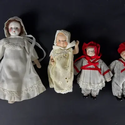 Wmpex Corp Taiwan Porcelain Doll Lot 4 Miniature Dolls Period Costumes 5-8"