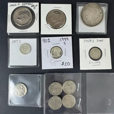 U.S. Silver Coin Lot - 1921 Morgan Dollar, Kennedy Halves, Roosevelt Dimes & Buffalo Nickels