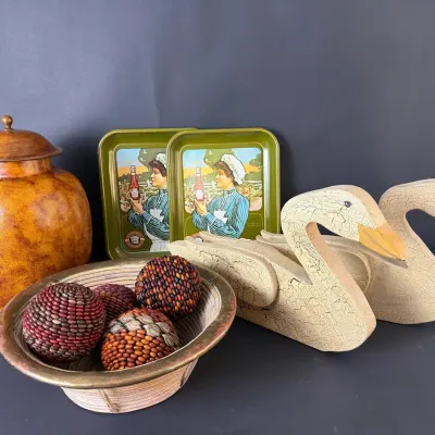 Rustic Decorative Accents with Ginger Jar, Vintage Advertising Trays & Swan Decoys