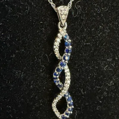 10K White Gold Sapphire & Diamond Infinity Pendant Necklace - 1.64g 