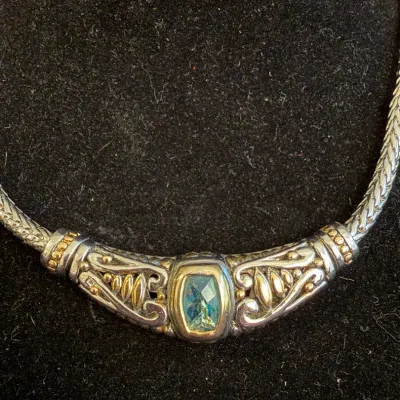 Silver-Tone Costume Necklace with Blue-Green Faceted Center Stone