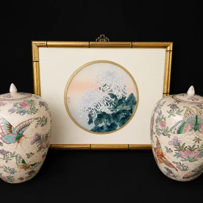 Chinese Covered Jars & Hung-Chu Lee Signed Silk Floral Painting  Decorative Asian grouping featuring
