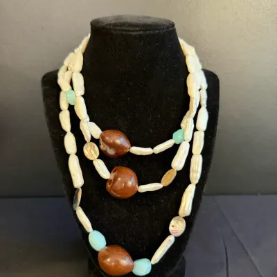 Three-Strand Freshwater Pearl, Kukui Nut & Amazonite Necklace