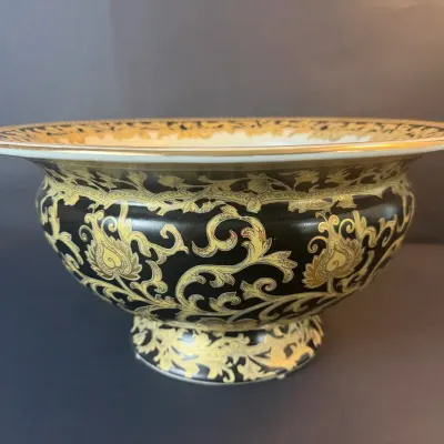 Decorative Black & Gold Porcelain Pedestal Bowl with Ornate Floral Scroll Design