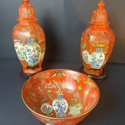 Chinese Famille Rose Style Porcelain Garniture Set with Lidded Vases & Bowl Decorative Chinese-Style