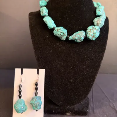 Turquoise Nugget & Onyx Bead Necklace with Matching Earrings