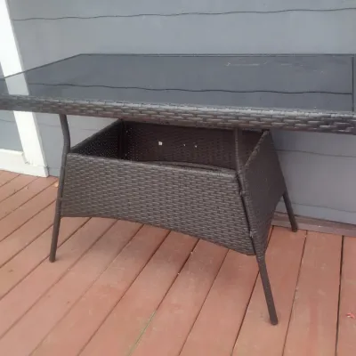 Sale Photo Thumbnail #420: Patio Joy Plastic Wicker Outdoor Table with Smoky Glass Insert