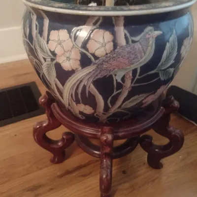 Sale Photo Thumbnail #307: Ceramic Chinoiserie Jardinière with Artificial Plant on a Rosewood Base