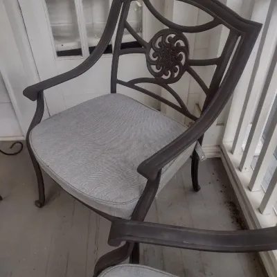 Sale Photo Thumbnail #392: Pair of Matching Metal Frame Patio Chairs with Cushions