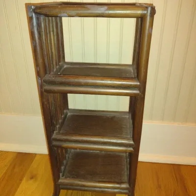 Sale Photo Thumbnail #345: Four Tier Wooden Shelf with Rattan Top- Approx 10" x 7 1/2" x 22 1/2" Tall.  Item has wear/damage to finish- please see all pictures.