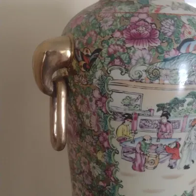 Sale Photo Thumbnail #70: Large Porcelain Ceramic Chinoiserie Famille Rose Centerpiece Vase with Applied Gilded Ring Handles Choice A
