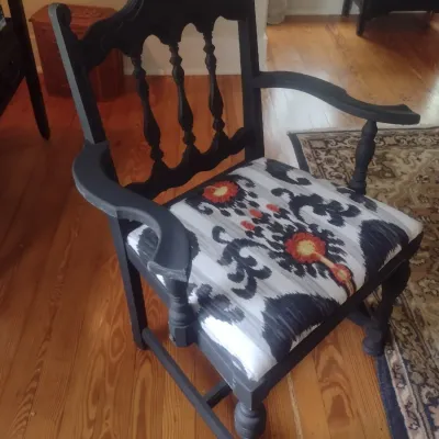 Sale Photo Thumbnail #293: Vintage Restored Wood Framed Chair with Modern Ikat Design Cushioned Seat.  Upstairs item.  Bring assistance to remove from home.