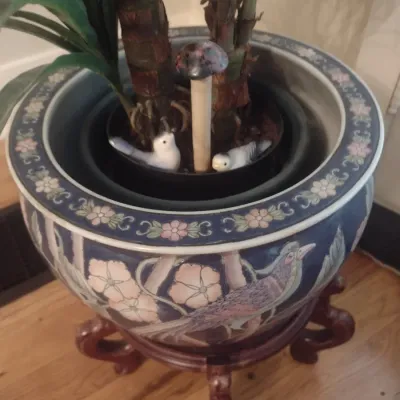 Sale Photo Thumbnail #308: Ceramic Chinoiserie Jardinière with Artificial Plant on a Rosewood Base