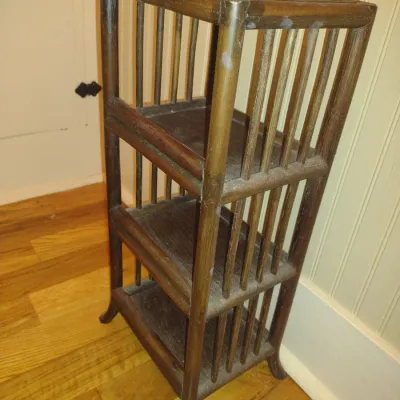 Sale Photo Thumbnail #348: Four Tier Wooden Shelf with Rattan Top- Approx 10" x 7 1/2" x 22 1/2" Tall.  Item has wear/damage to finish- please see all pictures.