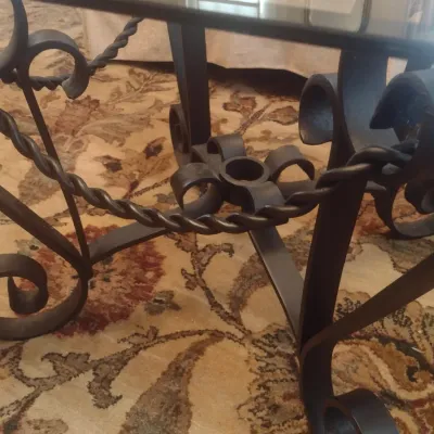 Sale Photo Thumbnail #687: Heavy Wrought Metal Scroll Base Glass Top Accent Table