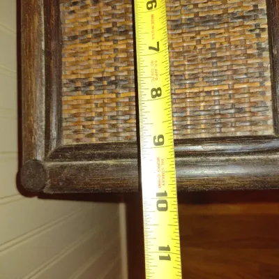 Sale Photo Thumbnail #349: Four Tier Wooden Shelf with Rattan Top- Approx 10" x 7 1/2" x 22 1/2" Tall.  Item has wear/damage to finish- please see all pictures.