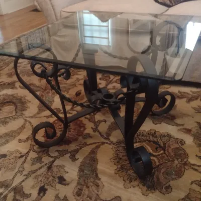 Sale Photo Thumbnail #682: Heavy Wrought Metal Scroll Base Glass Top Accent Table