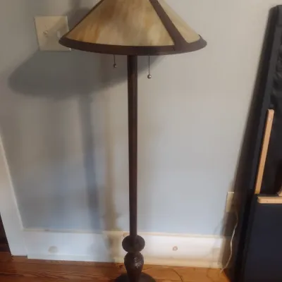 Sale Photo Thumbnail #28: Vintage Art Deco Glass Shade with Metal Strap Frame Floor Lamp