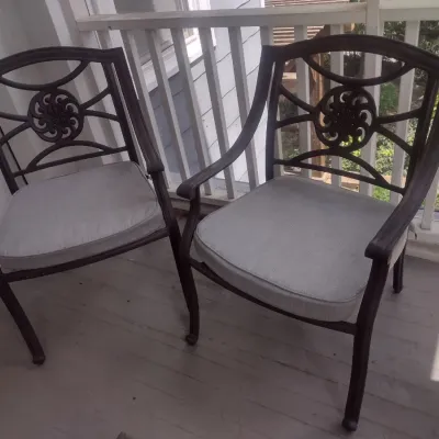 Sale Photo Thumbnail #389: Pair of Matching Metal Frame Patio Chairs with Cushions