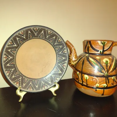 Sale Photo Thumbnail #230: Collection of Ethnic Design Pottery.  Bowl has chip under rim- please see all pictures.