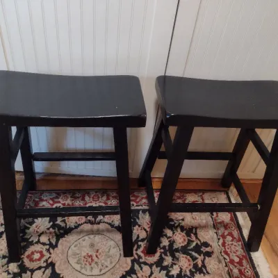 Sale Photo Thumbnail #354: Pair of Wooden Bar Stools.  Items may need some tightening- please see all pictures.