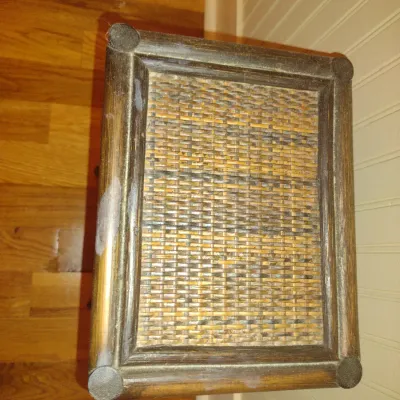 Sale Photo Thumbnail #346: Four Tier Wooden Shelf with Rattan Top- Approx 10" x 7 1/2" x 22 1/2" Tall.  Item has wear/damage to finish- please see all pictures.