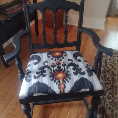 Sale Photo Thumbnail #292: Vintage Restored Wood Framed Chair with Modern Ikat Design Cushioned Seat.  Upstairs item.  Bring assistance to remove from home.