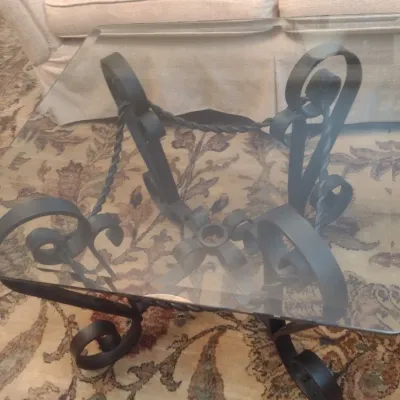 Sale Photo Thumbnail #684: Heavy Wrought Metal Scroll Base Glass Top Accent Table