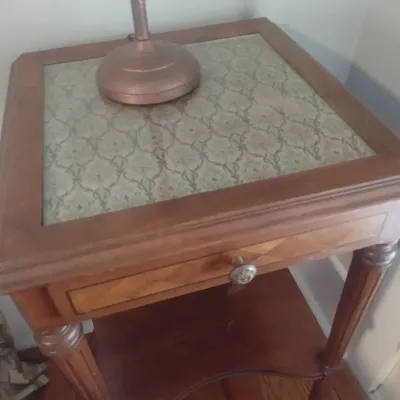 Sale Photo Thumbnail #837: Vintage Hitchcock Style Accent Table with Drawer and Lower Shelf.  Upstairs item.  Bring assistance to remove.