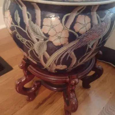Sale Photo Thumbnail #309: Ceramic Chinoiserie Jardinière with Artificial Plant on a Rosewood Base