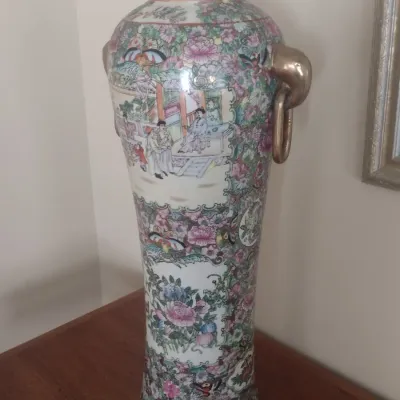 Sale Photo Thumbnail #67: Large Porcelain Ceramic Chinoiserie Famille Rose Centerpiece Vase with Applied Gilded Ring Handles Choice A