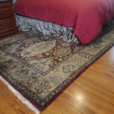 Sale Photo Thumbnail #650: Vintage Red and Gold Cabernet Area rug 9'x6' Upstairs item.  Bring assistance to remove.
