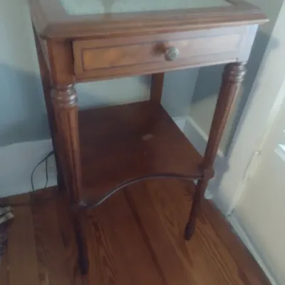 Sale Photo Thumbnail #834: Vintage Hitchcock Style Accent Table with Drawer and Lower Shelf.  Upstairs item.  Bring assistance to remove.