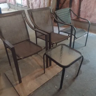 Sale Photo Thumbnail #449: Mixed Set of Metal Frame Patio Chairs and Accent Table.  Downstairs items.