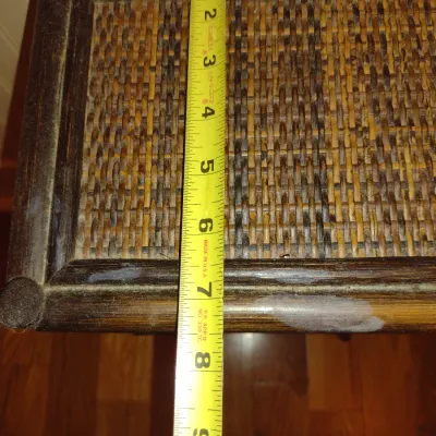 Sale Photo Thumbnail #350: Four Tier Wooden Shelf with Rattan Top- Approx 10" x 7 1/2" x 22 1/2" Tall.  Item has wear/damage to finish- please see all pictures.