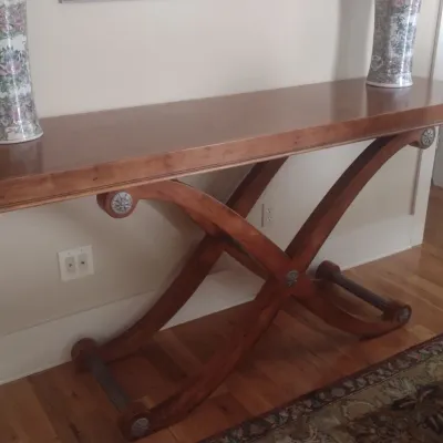 Sale Photo Thumbnail #655: Gorgeous Neoclassical Wood Curule Console with Pewter Finish Medallion Accents