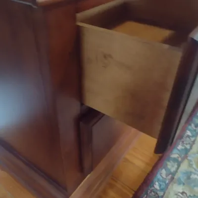 Sale Photo Thumbnail #828: Double Drawer Mahogany Bedside Dresser.  Upstairs item.  Bring assistance to remove.