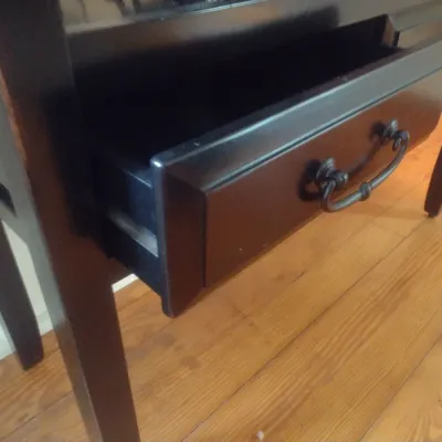 Sale Photo Thumbnail #785: Dark Wood Finish Console with Double Drawers and Lower Shelf (No Contents).  Upstairs item.  Bring assistance to remove from home.
