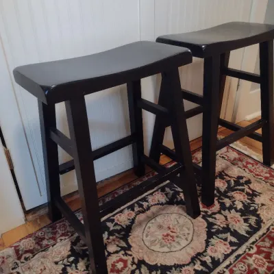 Sale Photo Thumbnail #355: Pair of Wooden Bar Stools.  Items may need some tightening- please see all pictures.