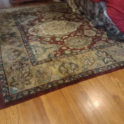 Sale Photo Thumbnail #653: Vintage Red and Gold Cabernet Area rug 9'x6' Upstairs item.  Bring assistance to remove.