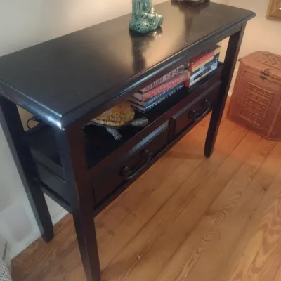 Sale Photo Thumbnail #786: Dark Wood Finish Console with Double Drawers and Lower Shelf (No Contents).  Upstairs item.  Bring assistance to remove from home.
