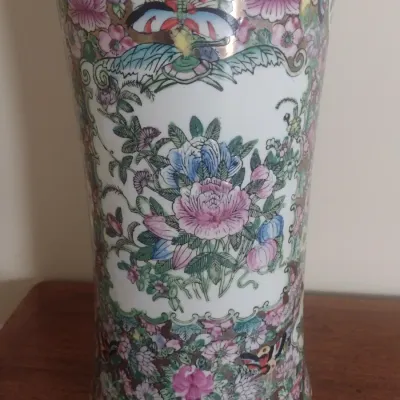 Sale Photo Thumbnail #75: Large Porcelain Ceramic Chinoiserie Famille Rose Centerpiece Vase with Applied Gilded Ring Handles Choice A