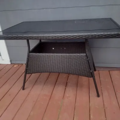 Sale Photo Thumbnail #418: Patio Joy Plastic Wicker Outdoor Table with Smoky Glass Insert
