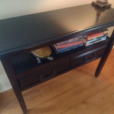 Sale Photo Thumbnail #783: Dark Wood Finish Console with Double Drawers and Lower Shelf (No Contents).  Upstairs item.  Bring assistance to remove from home.