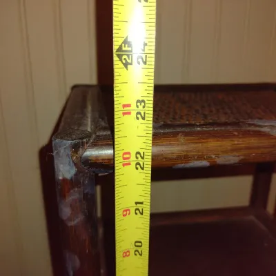 Sale Photo Thumbnail #351: Four Tier Wooden Shelf with Rattan Top- Approx 10" x 7 1/2" x 22 1/2" Tall.  Item has wear/damage to finish- please see all pictures.